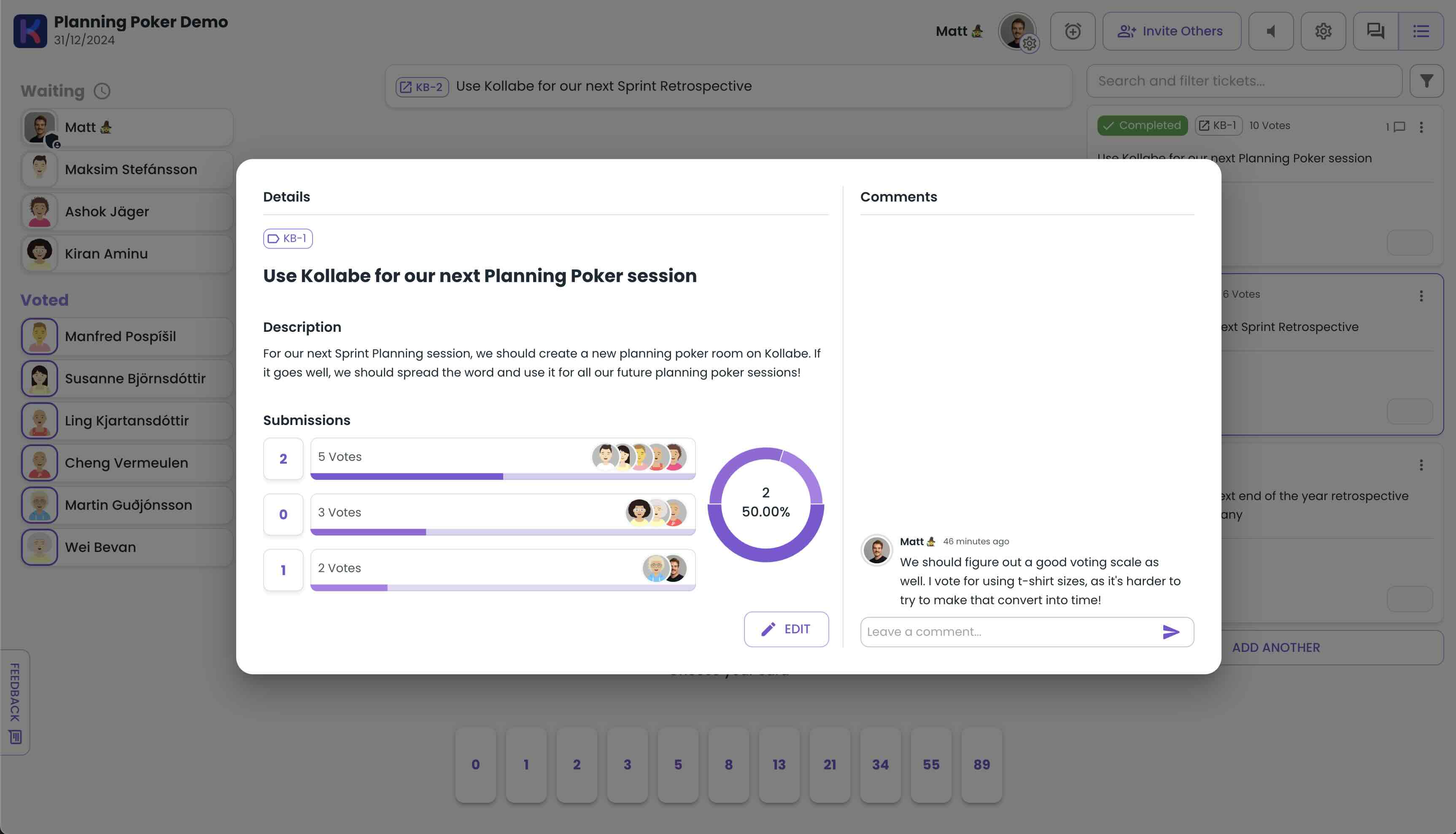 Un gif de un usuario importando tickets desde un csv a su sesión de planificación de scrum en línea. Seleccionan el archivo csv, mapean las columnas, y luego importan los tickets. Una vez que los tickets están importados, seleccionan un ticket para comenzar a votar.