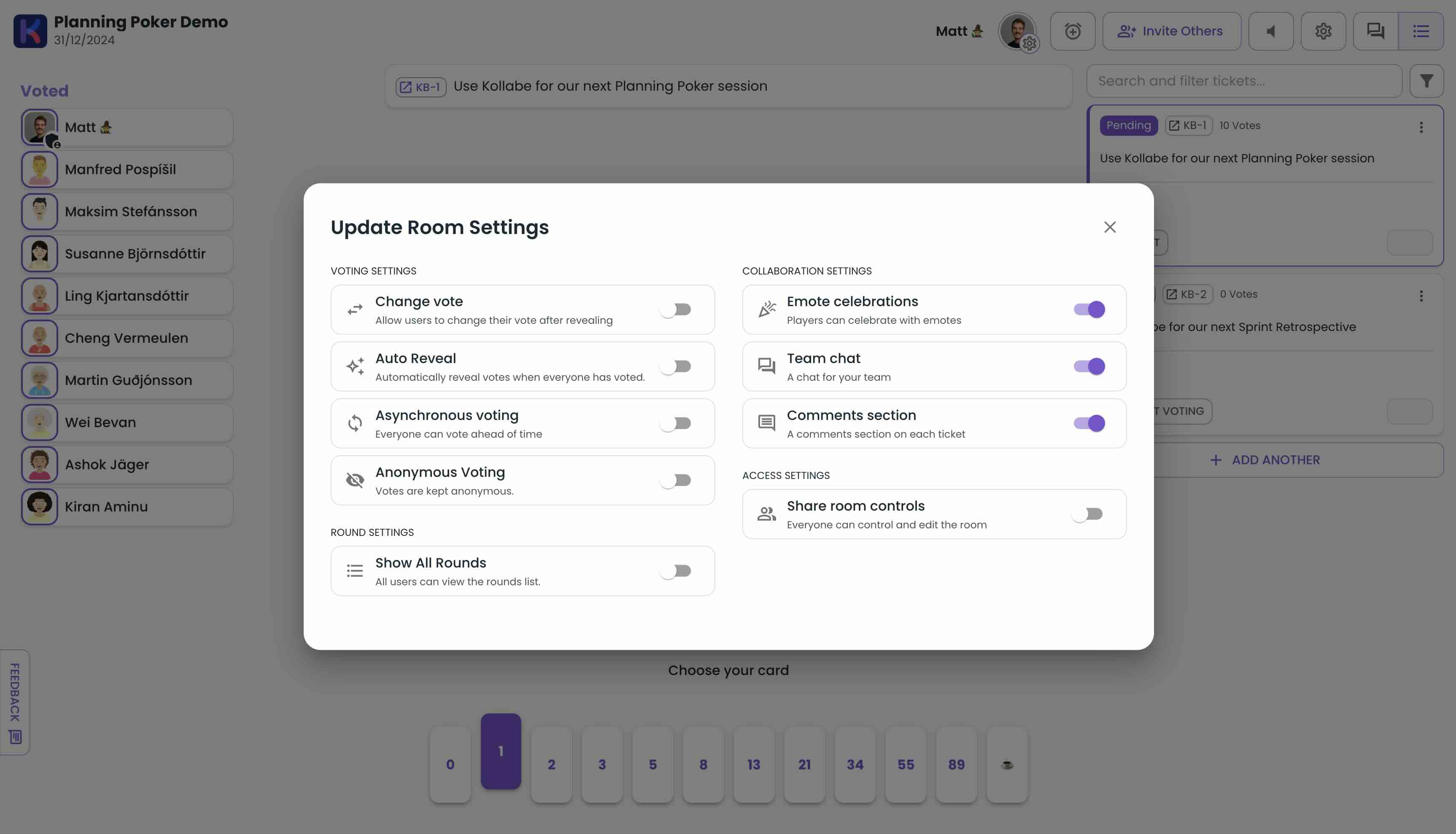 Configuraciones de reunión de planificación de poker personalizables en un modal, dentro de una sala de reunión.