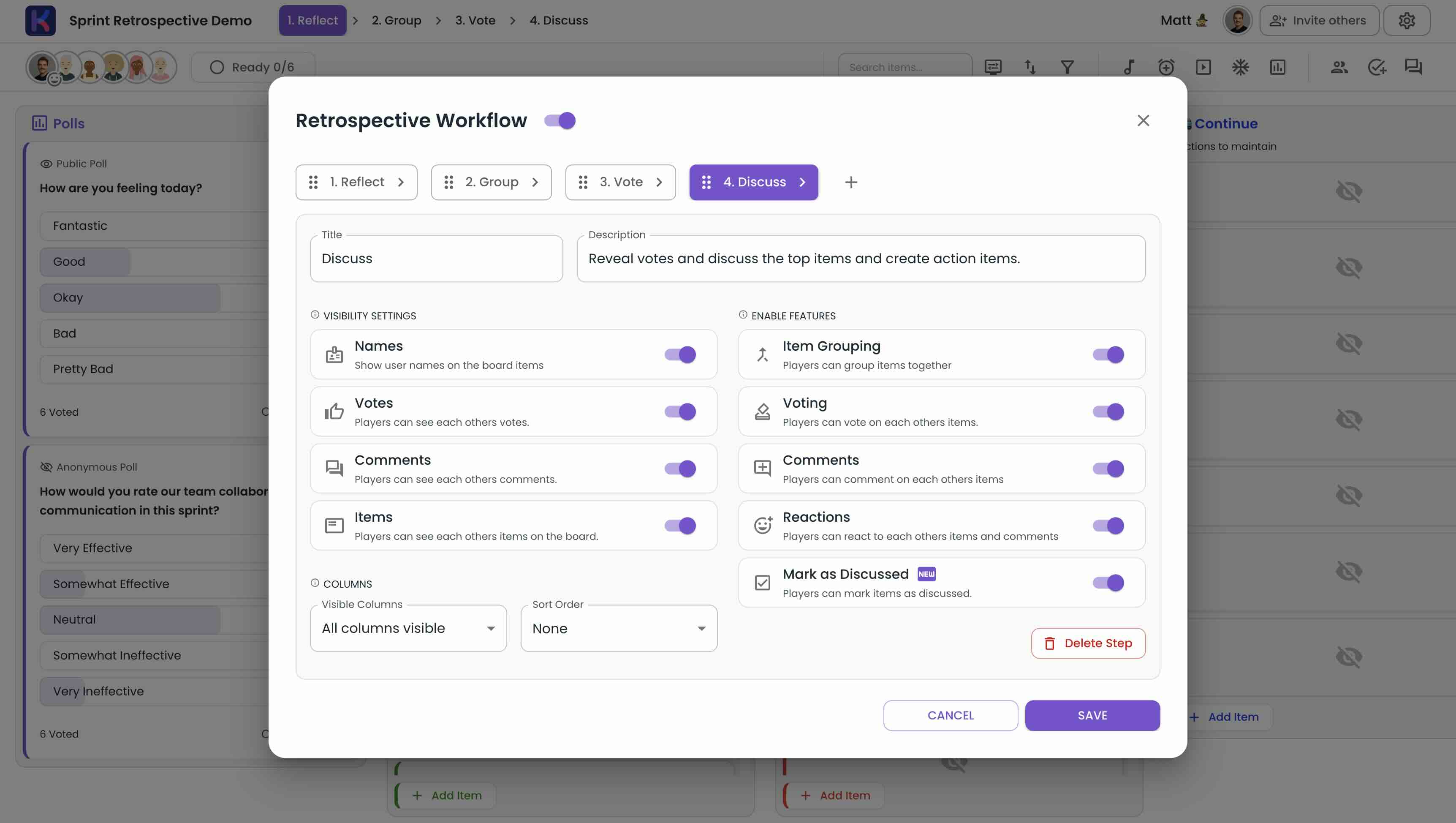 Configuração de fluxo de trabalho mostrando etapas personalizáveis para reuniões de equipe