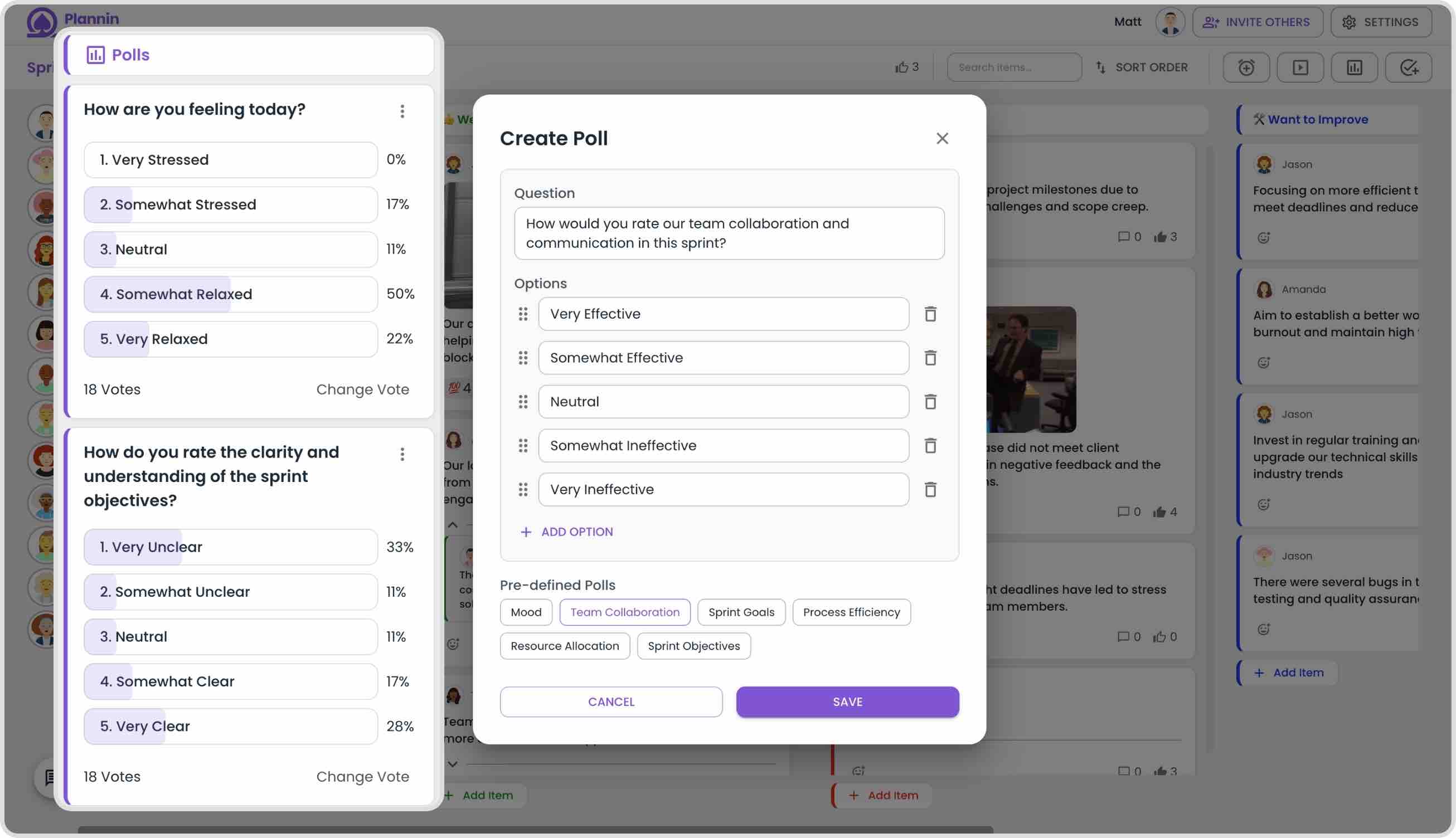 Interface de votação da equipe mostrando métricas de sentimento e realização de objetivos