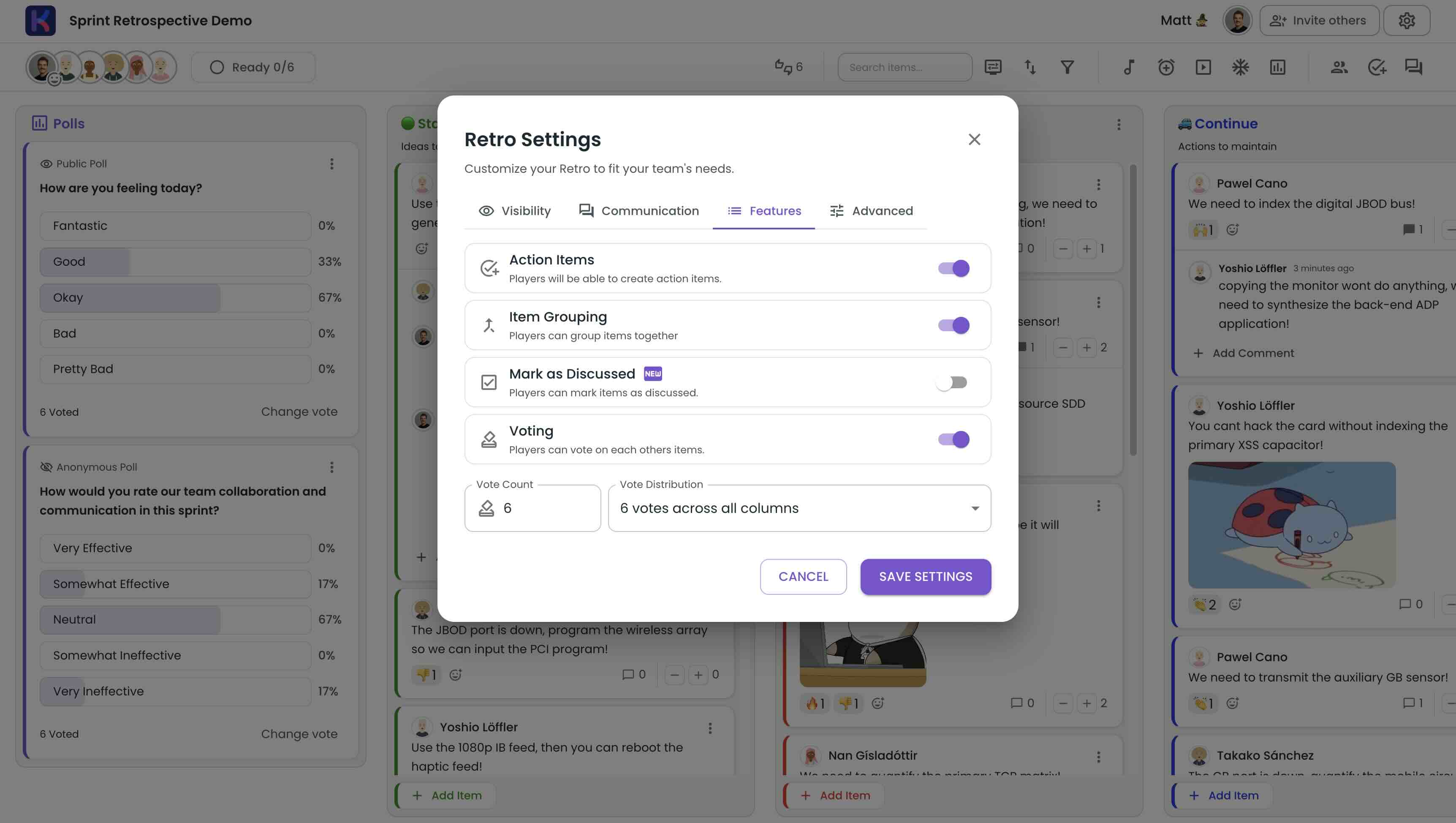 Painel de configurações mostrando opções de personalização para colaboração em equipe