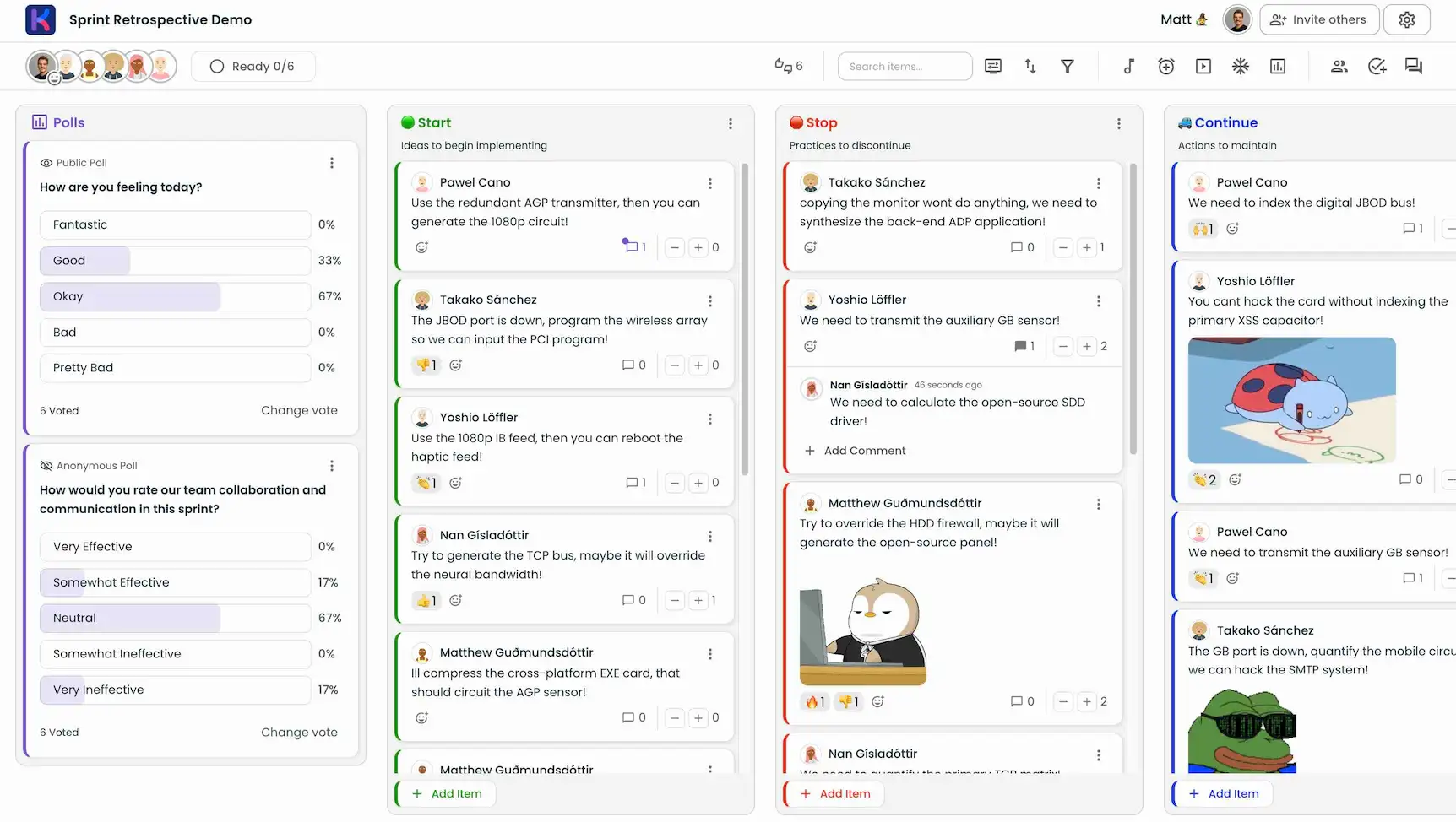 Takım üyelerinin dijital bir tahtaya kart eklediği çevrimiçi sprint retrospektif aracı