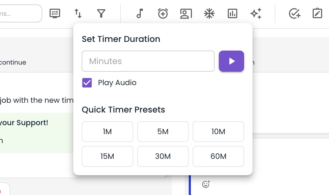 A modal dialog titled "Set Timer Duration" showing a minutes input field, a checked "Play Audio" checkbox in purple, and quick timer preset buttons for 1M, 5M, 10M, 15M, 30M, and 60M. The interface has a clean, modern design with purple accent colors.