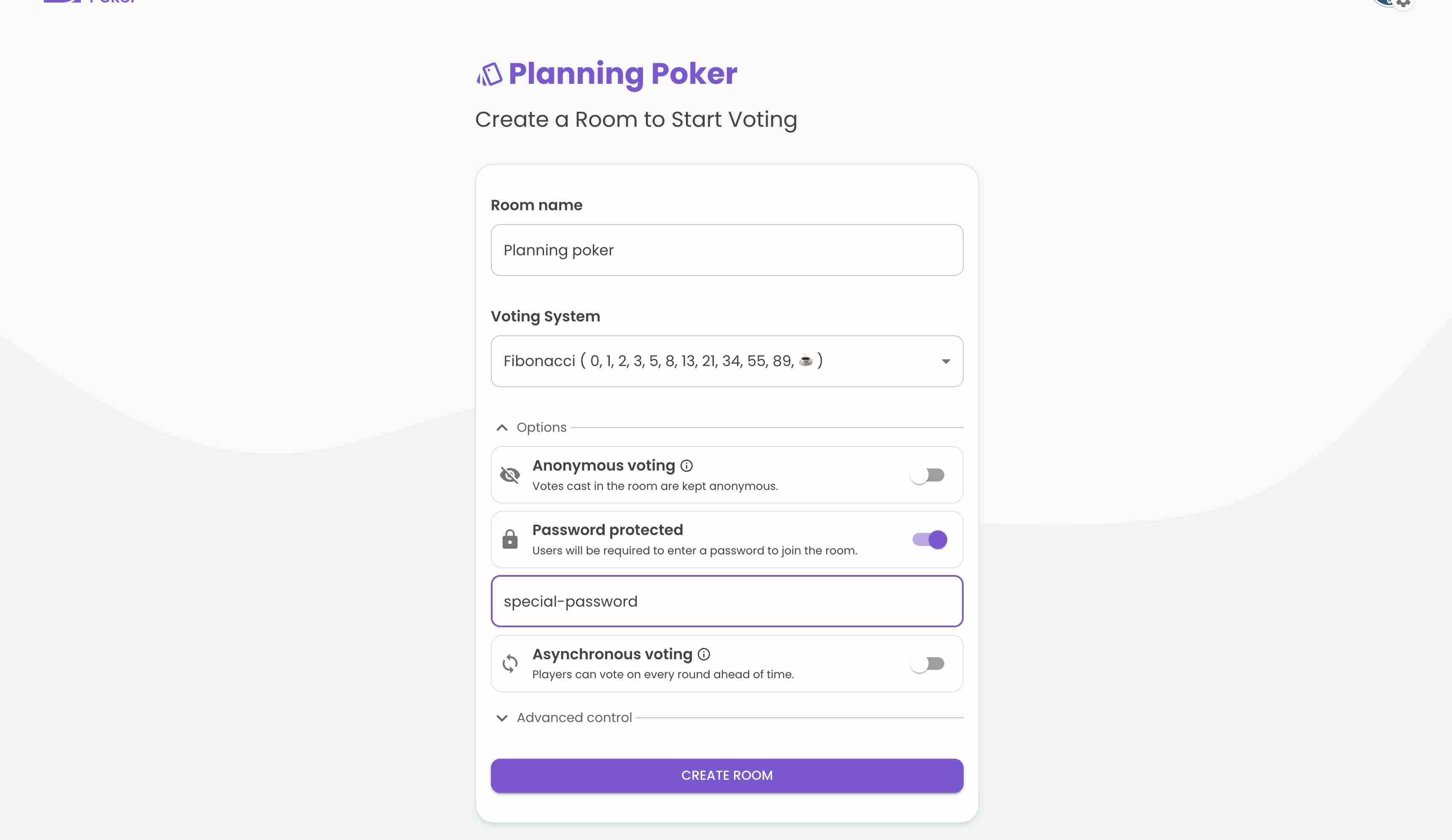 Planning Poker mit einem Passwort. Der Benutzer wird aufgefordert ein Passwort einzugeben, bevor er den Raum betritt.